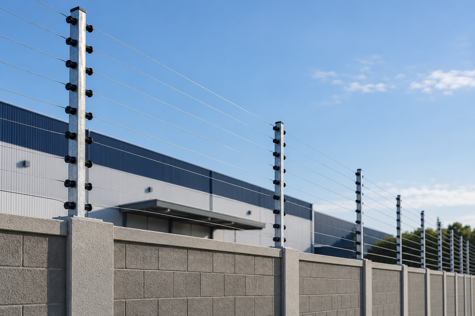 cerca elétrica de perímetro comercial instalada sobre muro de galpão