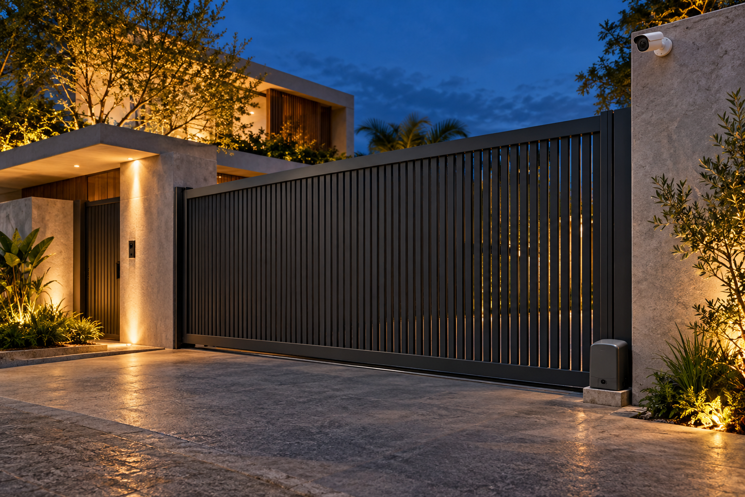Entrada residencial com portão automatizado e câmera de segurança